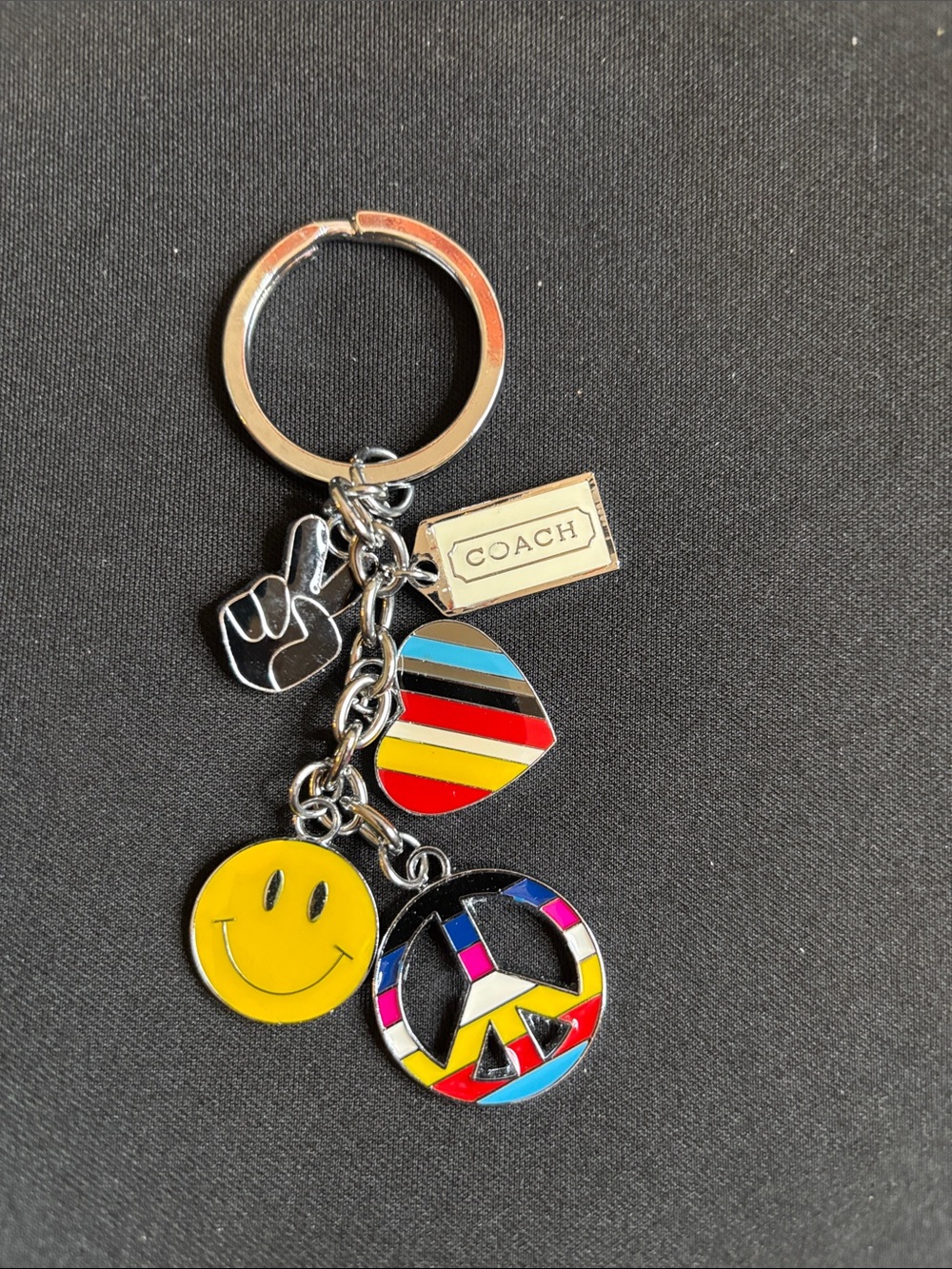 Coach Multicolor Enamel Charm Key Ring with Smiley, Peace & Heart